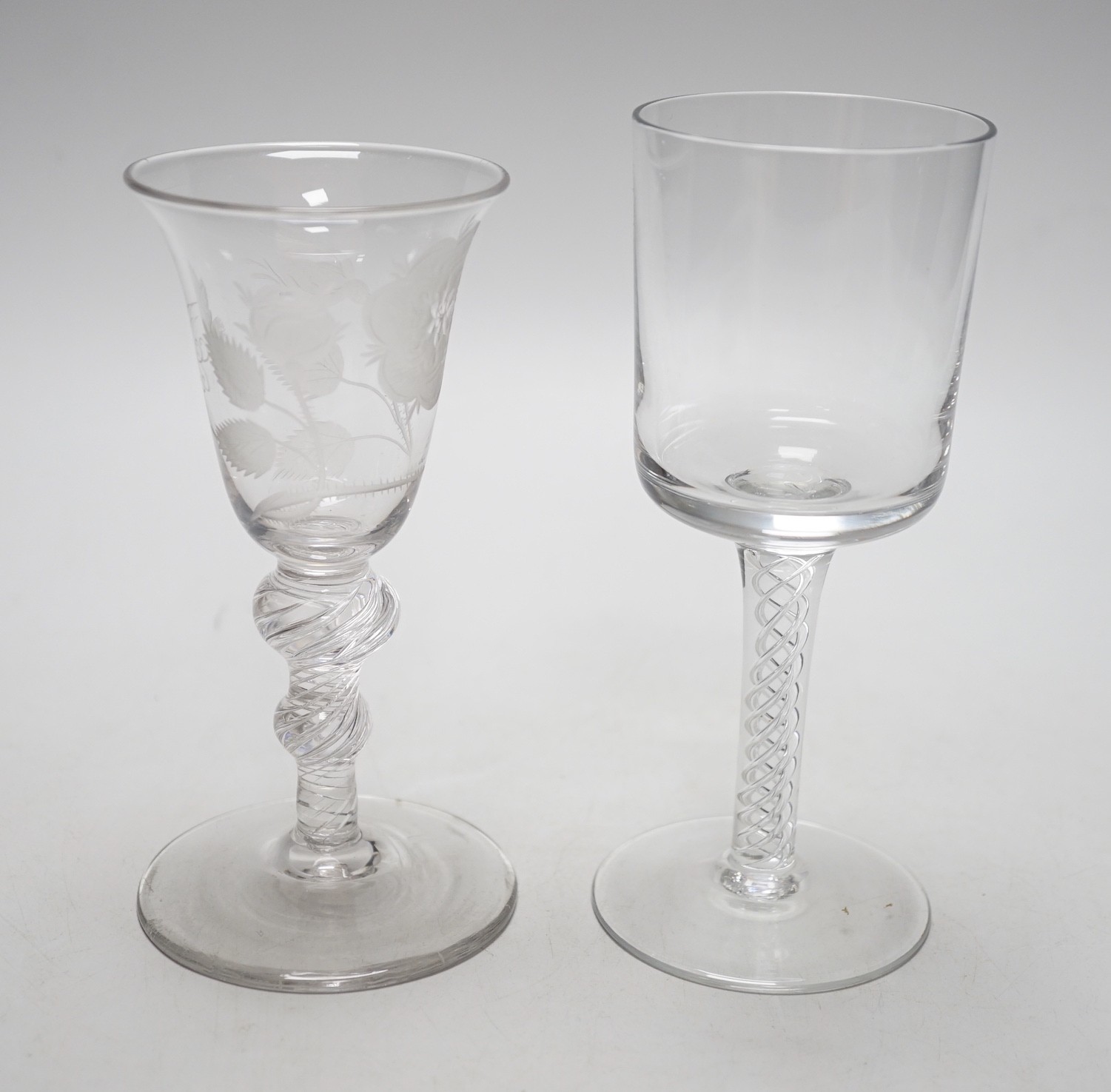 Two airtwist stem glasses, one in Jacobite style (2), tallest 16cms high